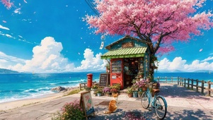 海边樱花树下小屋