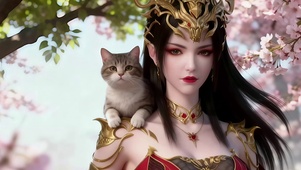 桃树林可爱猫咪与美女美杜莎女王