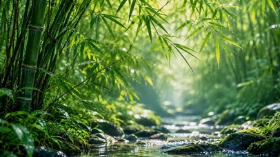 雨后青翠竹林溪流