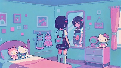 像素风-房间里照镜子的女孩