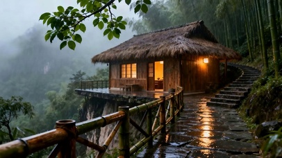 护眼雨天树木房屋
