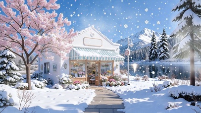 雪景樱花树木花店