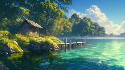 阳光清新湖泊码头小屋