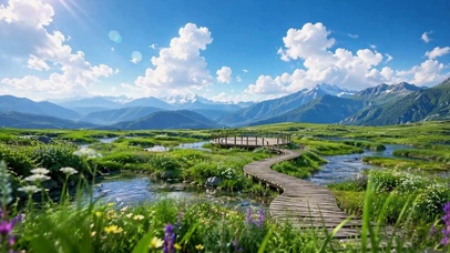 蓝天远山溪流治愈风景