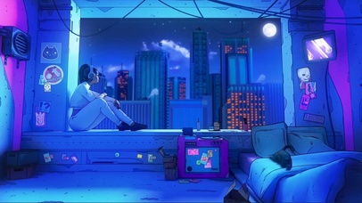 月下听音乐的少女