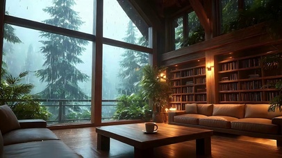 室内窗外雨天绿景