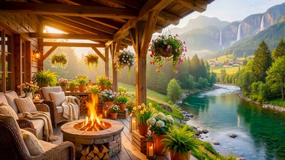 清晨高山村庄溪流小屋