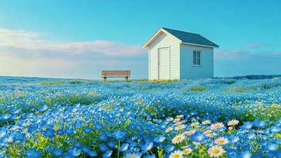 治愈蓝色花海小屋