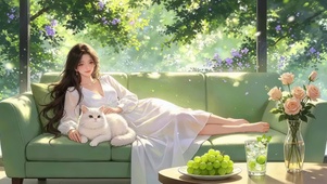 安逸午后美女和猫咪