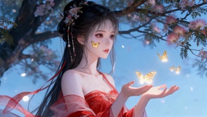 古风红衣美人樱花树下的蝴蝶之约