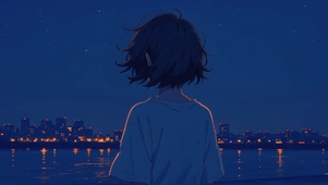 夜晚海边少女