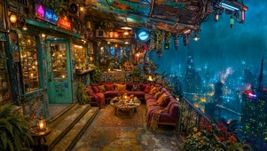 未来城市雨夜小屋