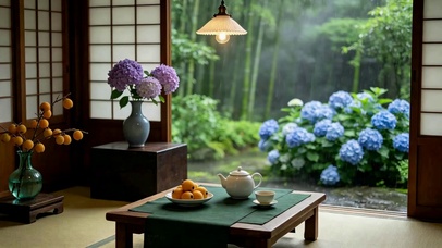 日式雨天庭院治愈茶室