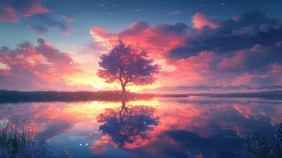 唯美孤寂落日湖面小树