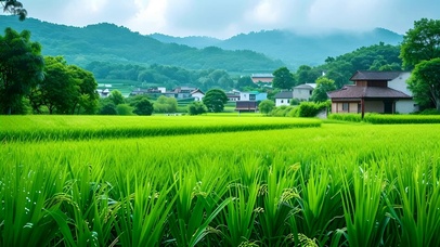 清新护眼稻田小屋