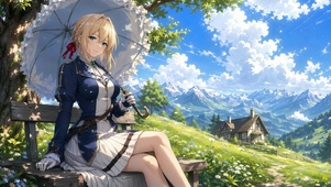 金发撑伞少女春日郊野
