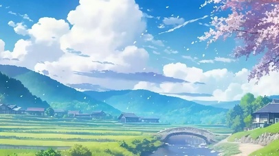 蓝天白云樱花树木河流带鱼屏