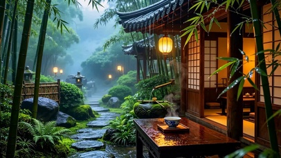 幽静竹林雨天小屋
