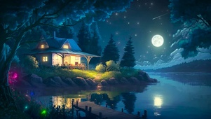 唯美月夜湖畔木屋
