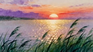 芦苇湖畔的绝美日出