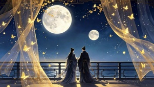 古风月夜情侣共赏双月海景