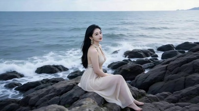 海滩边坐在石头上的性感美女