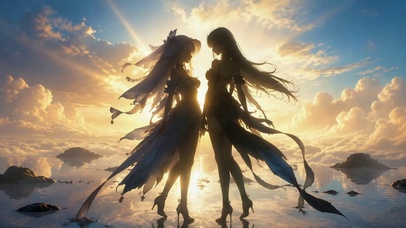 海边日落双生美少女剪影