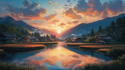 乡村田野溪流晚霞落日