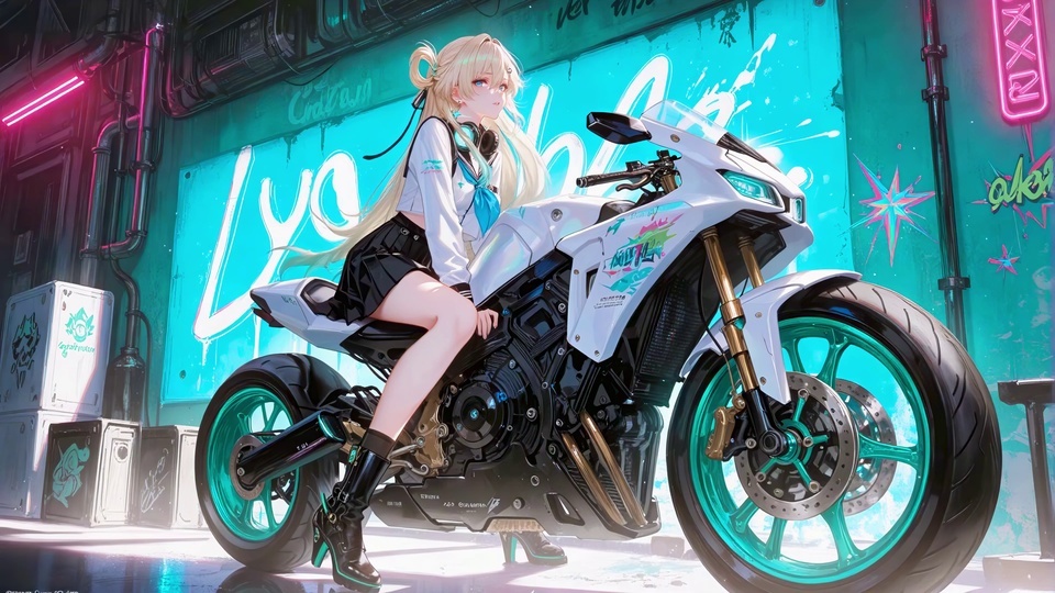 金发二次元少女坐在带涂鸦的白色赛格摩托车上，背景是青蓝霓虹涂鸦墙，配有粉紫霓虹灯管。
