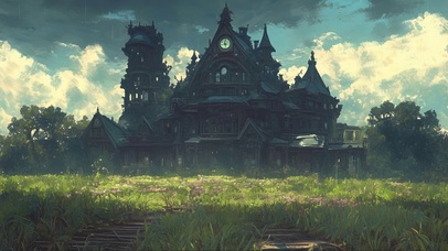 阴天森林暗黑小屋插画