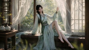 窗边古风清雅绿裙美女