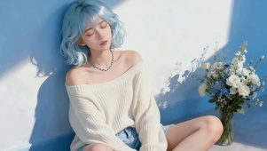 4K 花束旁浅蓝少女
