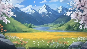 蓝天白云樱花树木河流