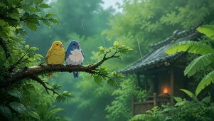 林间细雨小鸟相依