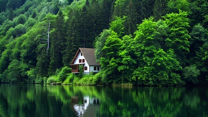 树林湖边小屋