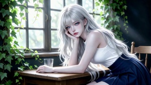 窗边银发清纯美少女