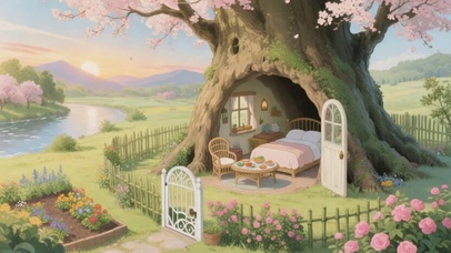 唯美树屋风景插画