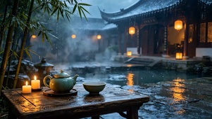 国风庭院雨景