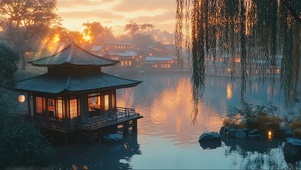 黄昏落日湖畔柳树古亭