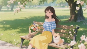 女孩和狗狗插画