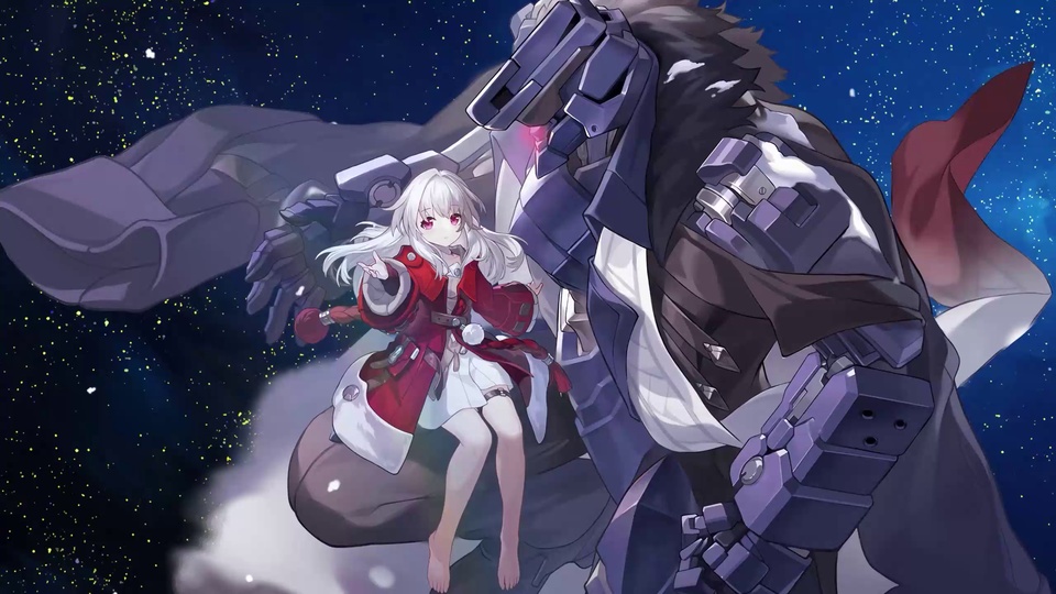 二次元插画：白发红瞳少女与紫灰重型机械人形装置立于深蓝色星空背景前