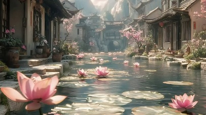 夏日荷花溪流古城村庄