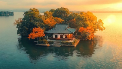 落日秋日古风孤岛古建