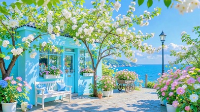 春日海边的蓝色小屋