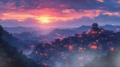 紫色晚霞遥望宏伟古城