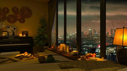 唯美安静的都市夜景雨天房间