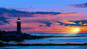 唯美夕阳海岸灯塔