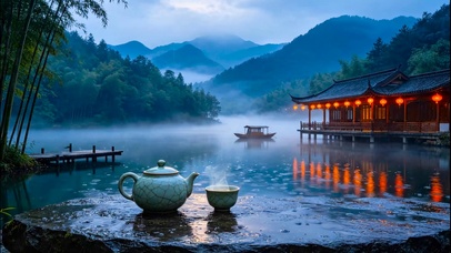 雨天山水湖畔