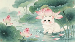 荷叶下躲雨的猫咪