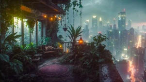 科幻雨夜城市天台